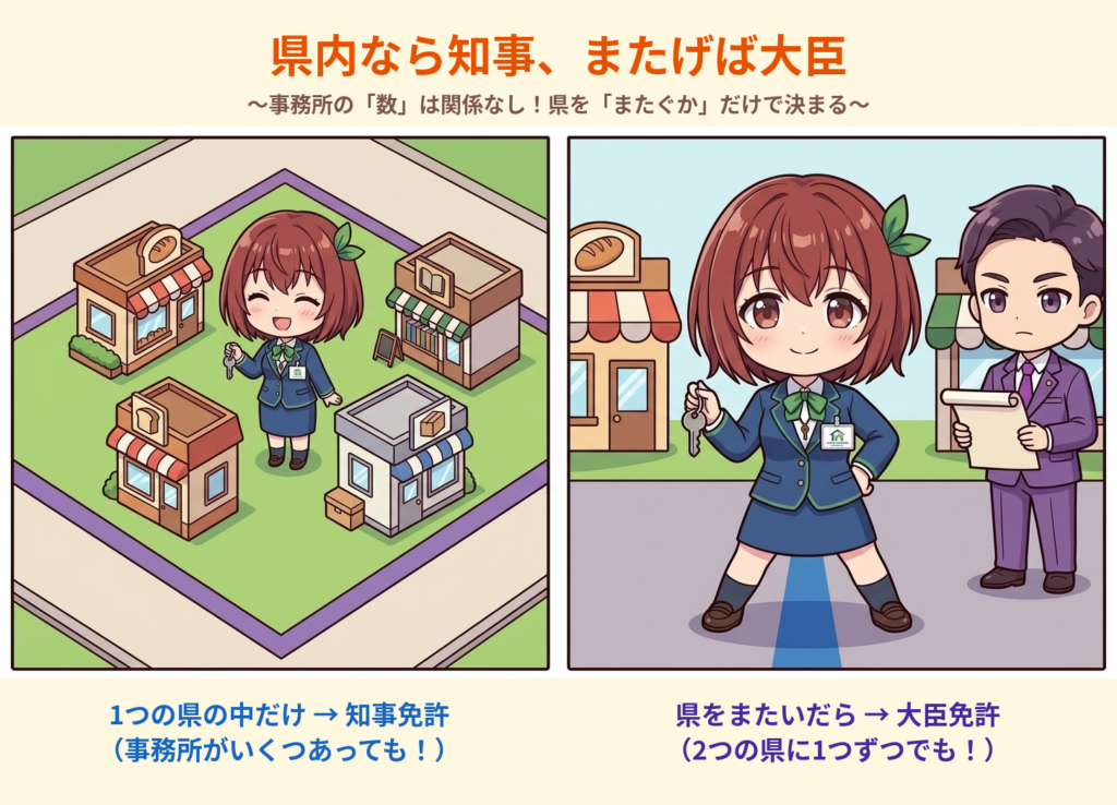 暗記カード:県内なら知事、またげば大臣。事務所の数は関係なく、県をまたぐかどうかで知事免許と大臣免許が決まる